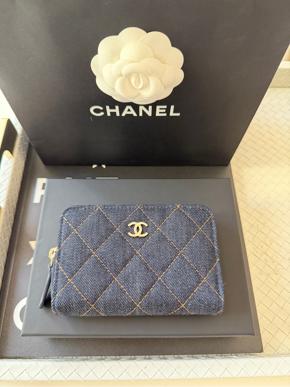 Chanel 26P Classic Zipped Zip Coin Purse Denim Dark Blue Orange mJean Wallet NWT - Picture 7 of 17